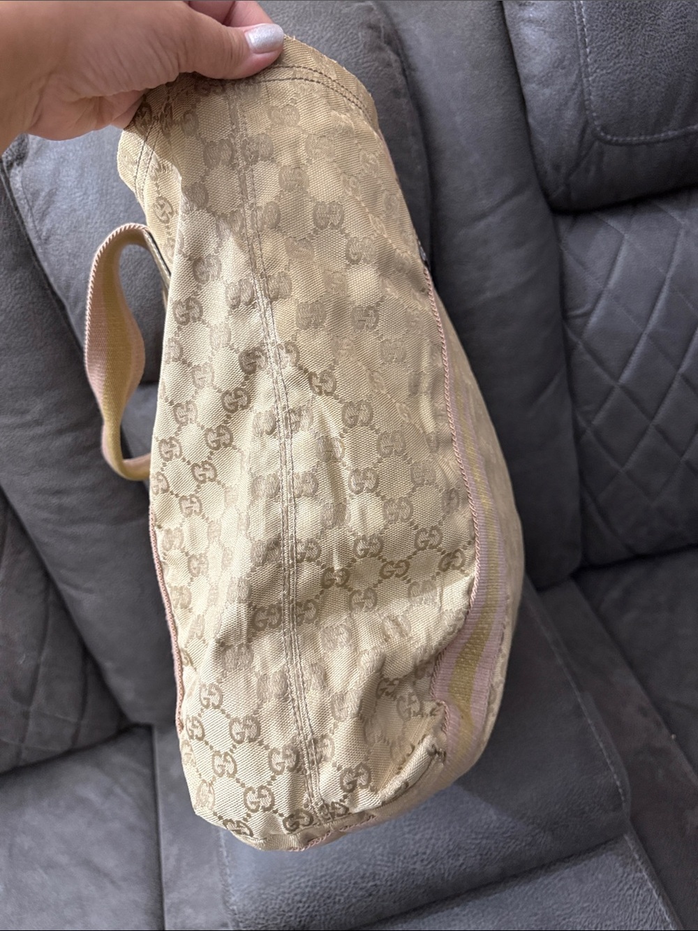 GG Monogram Beige Canvas Tote with Pink & Olive Straps - Picture 7 of 12